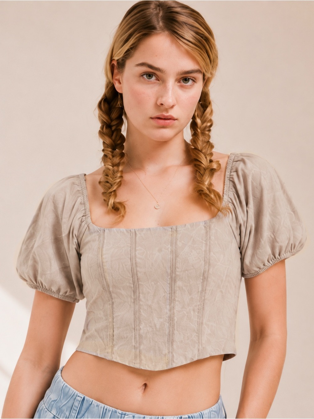 Women’s NWT Kirious Los Angeles Taupe Corset Crop Top Puff Sleeve Small